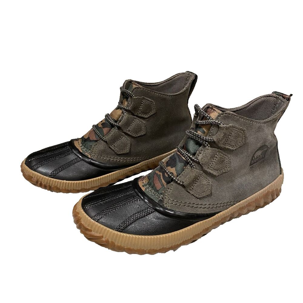 Sorel Out N About Womens Size 7.5 Green Camo Suede Waterproof Duck Boots Lace Up